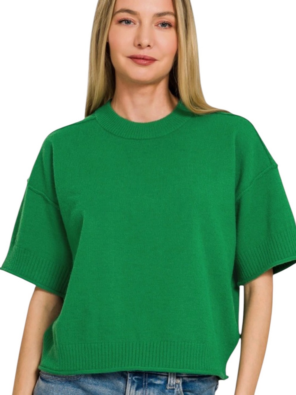 Zenana Women’s Kelly Green Lightweight Exposed Seam Short Sleeve Crop Sweater